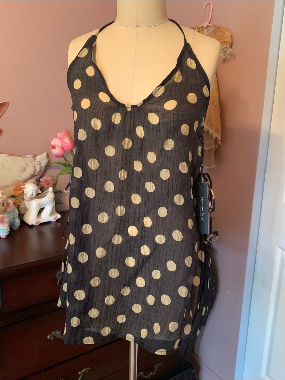 EMERSON LANG NWT Women’s Black Polka Dot Halter Tie-Side Top